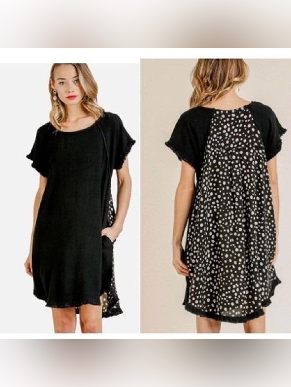 Umgee Black Short Sleeve Linen Cotton Blend Frayed Trim Shirt Dress Lightweight